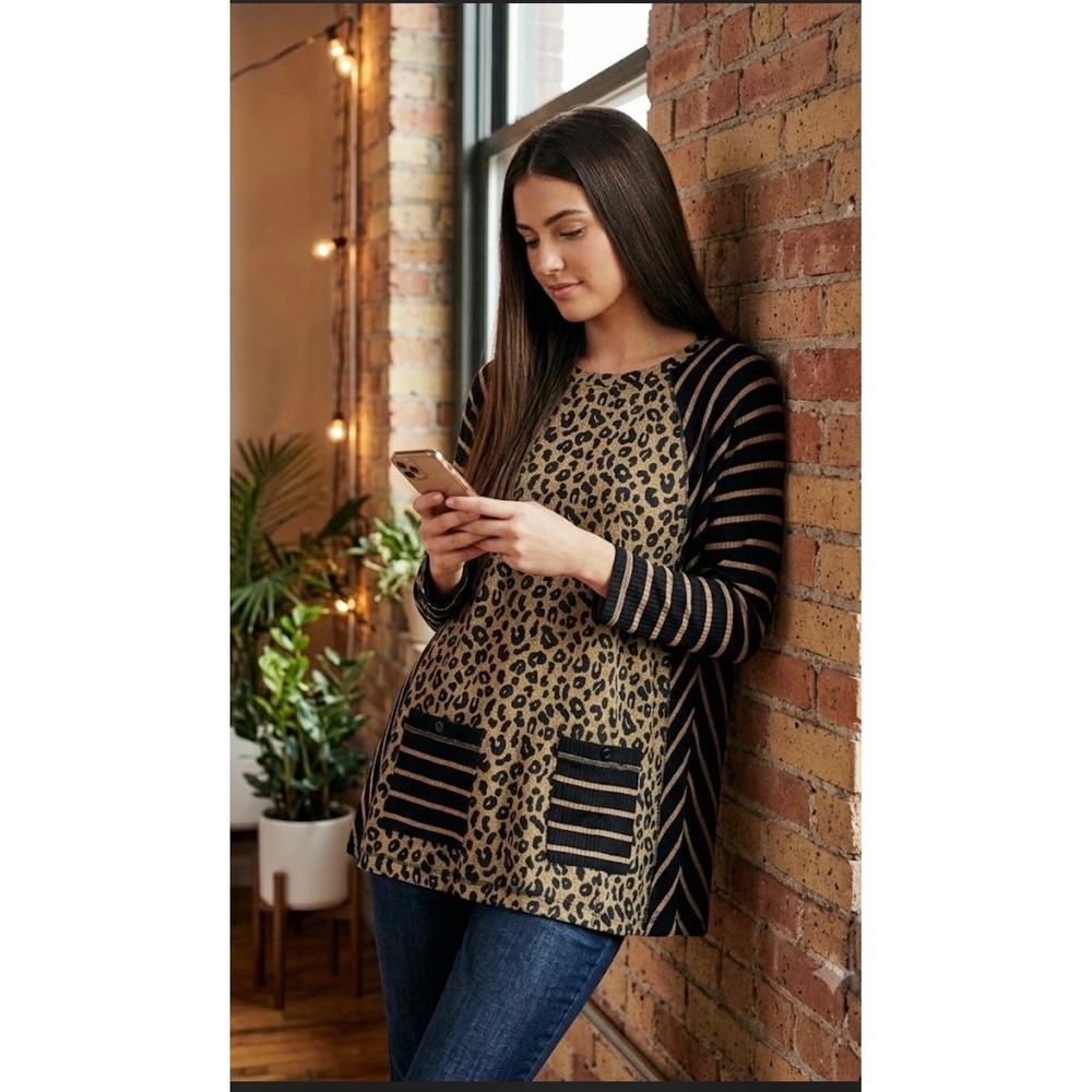 ALI MILES Leopard Print Striped Mixed Media Tunic Top Black Tan Large Artsy